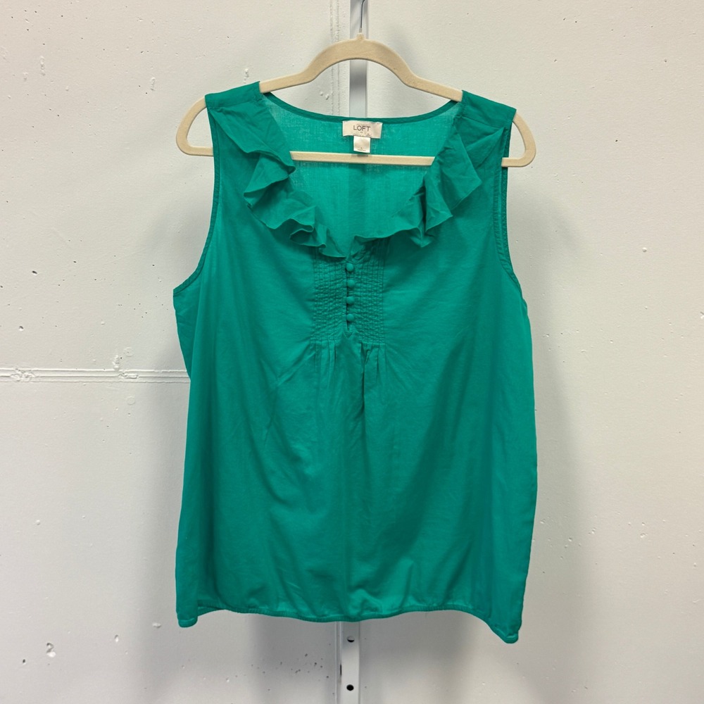LOFT Emerald Green Ruffle V-Neck Sleeveless Blouse Pleated Bib Top Size Large